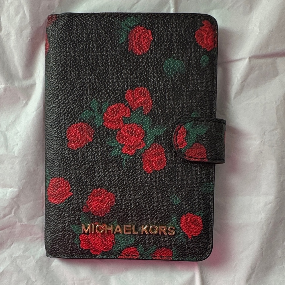 Michael Kors Black and Red Floral Pasport Holder Wallet NWOT